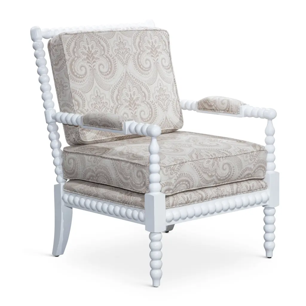White Spindle Chair Taupe Paisley Fabric Upholstery dty home