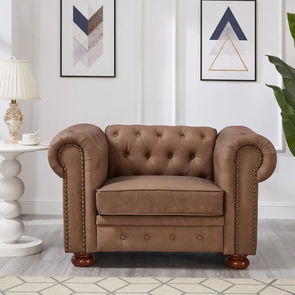 Classic Chesterfield Sofa Chair Living Room Brown Faux Hide hdf store