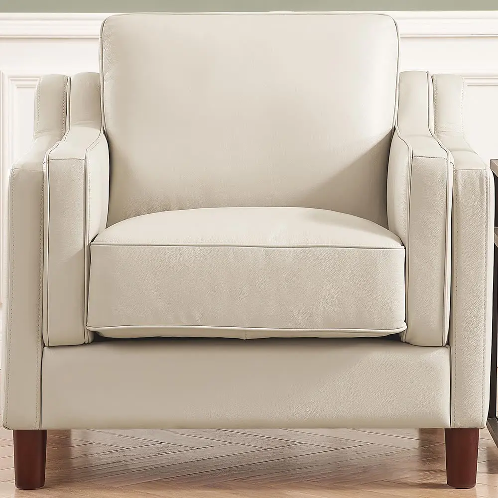 Bella Top Grain Leather Chair Beige White Mid Century Modern Living Room Accent Chair hydeline furniture