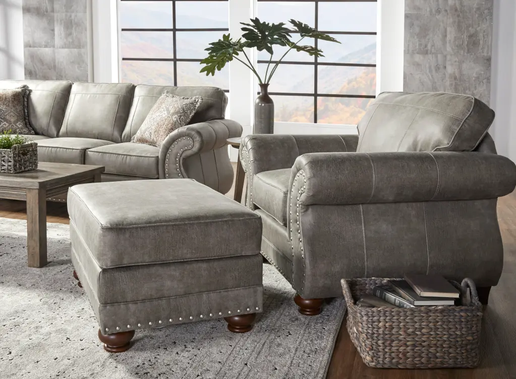 Leinster Faux Hide Upholstered Chair And Ottoman Set Gray Faux Hide Living Room hz