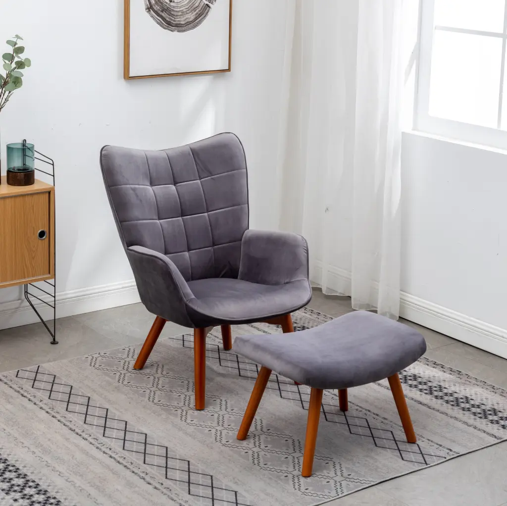 Leiria Contemporary Silky Velvet Tufted Accent Chair Ottoman Gray hz