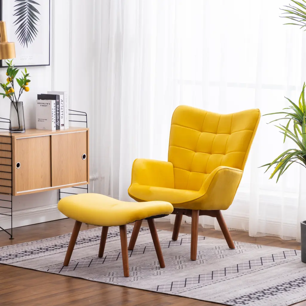 Leiria Contemporary Silky Velvet Tufted Accent Chair Ottoman Yellow Living Room Chair hz