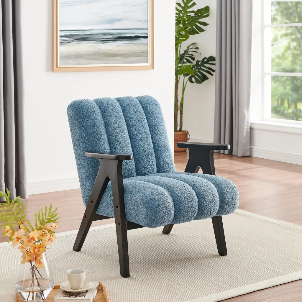 Rella Modern Teddy Sherpa Accent Chair Espresso Wood Frame Blue hz
