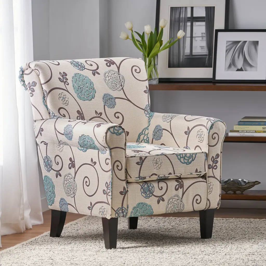 Jasmine Club Chair White and Blue Fabric Living Room