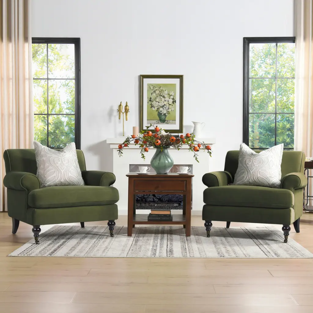 Alana 38 Inch Lawson Accent Arm Chair Metallic Casters Olive Green Performance Fabric jennifer taylor home