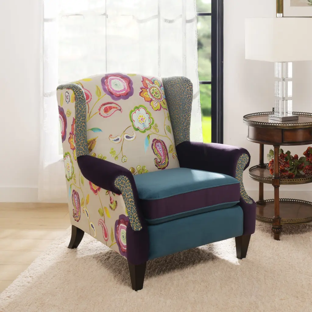 Anya Boho Stylish Wingback Accent Arm Chair Floral and Leopard Blue Teal jennifer taylor home