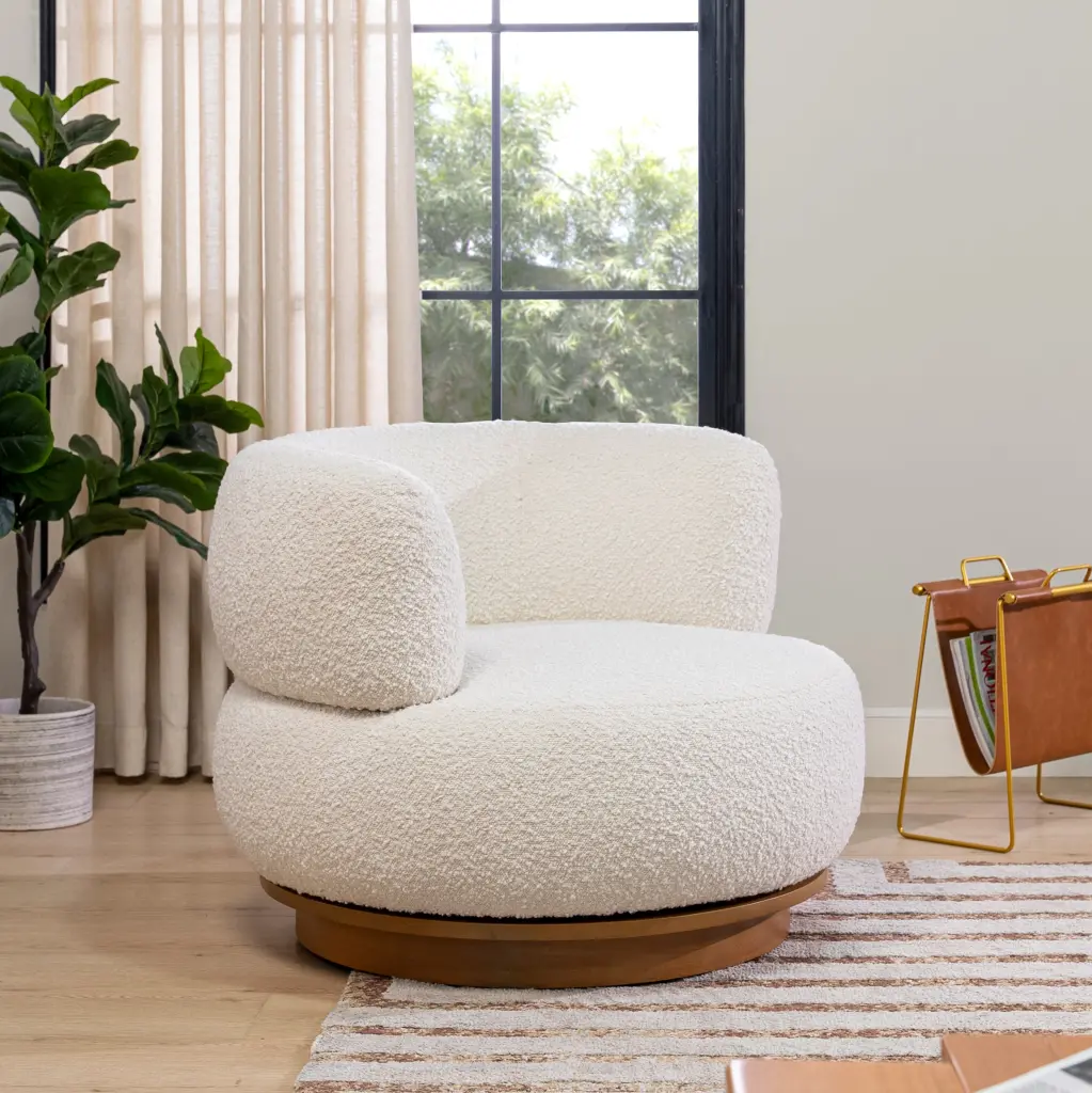 Fuji 360 Swivel Low Barrel Back Accent Chair Ivory White Boucle jennifer taylor home