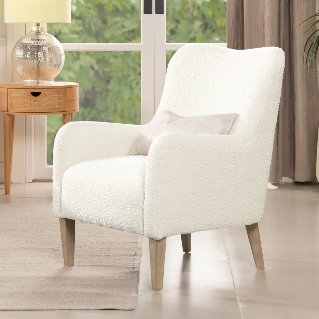 Nimbus 27.5 Inch Curved Accent Chair Ivory White Boucle Fabric jennifer taylor home