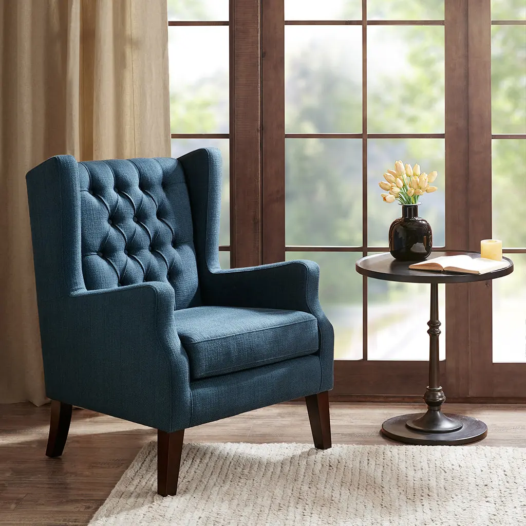 Maxwell Button Tufted Wing Chair Navy Blue Solid Wood Accent Chair jla