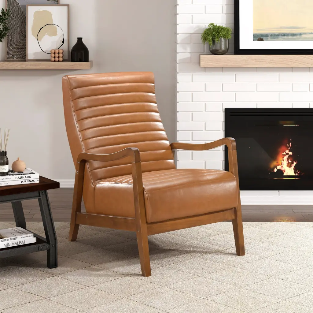 1Pc Brown Faux Leather Accent Chair Walnut Finish Solid Rubberwood kanepe