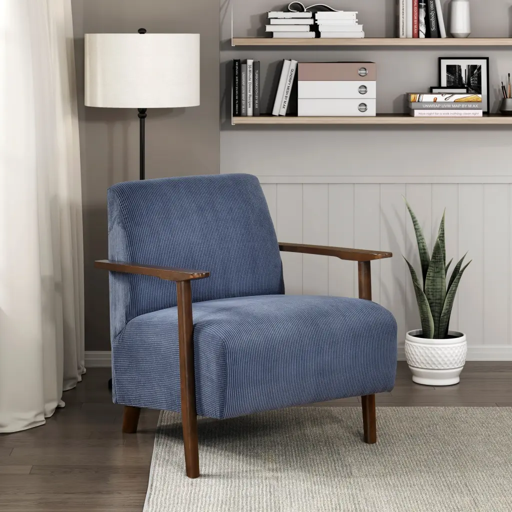 Modern Design Accent Chair Blue Corduroy Seat Cushions Solid Wood kanepe