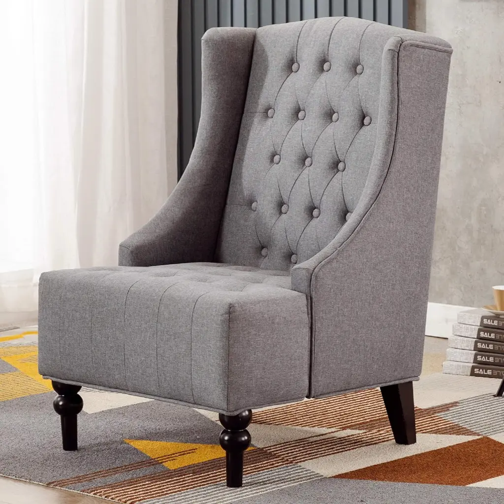 Modern Living Room Button Tufted Wingback Accent Chair Grey Alloy Metal kanepe
