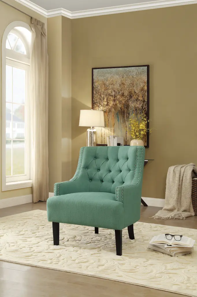 Modern Traditional Teal Textured Fabric Upholstered Accent Chair Button Tufting kanepe