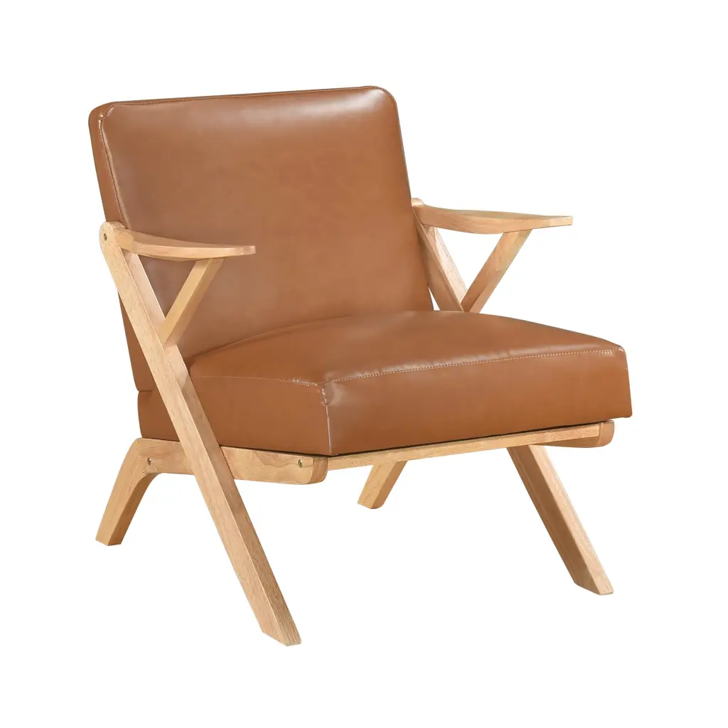 Natural Finish Brown Faux Leather Accent Chair Elastomerwood Frame kanepe