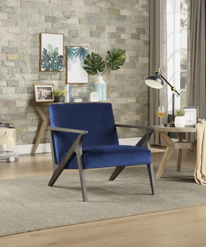 Retro Style Velvet Upholstered Blue Accent Chair Solid Rubberwood Frame Living Room kanepe
