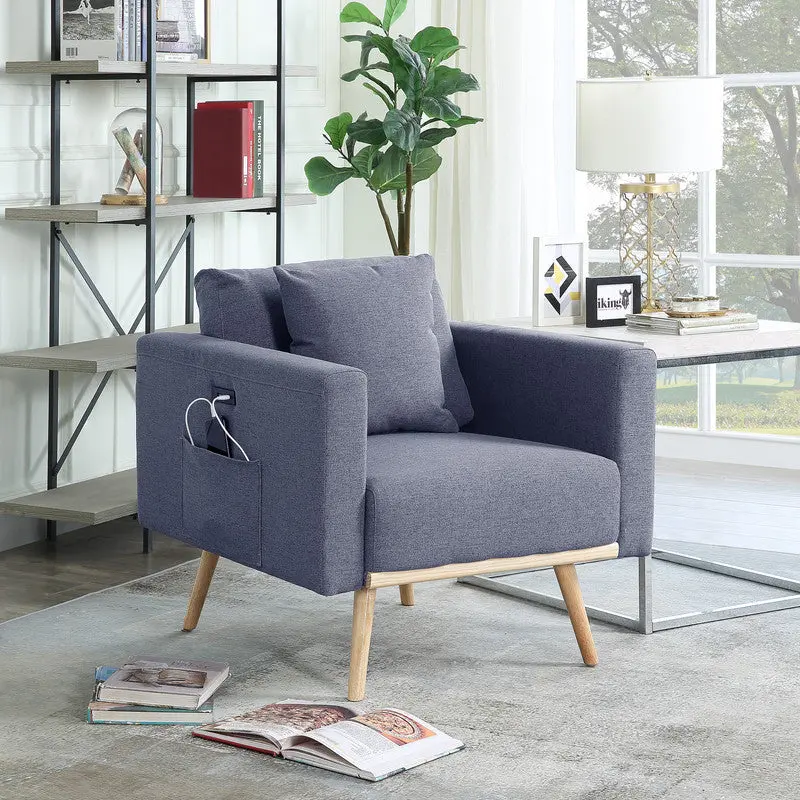 Easton 32.5 Inch Dark Gray Linen Accent Chair USB Charging Ports And Pockets lilola home