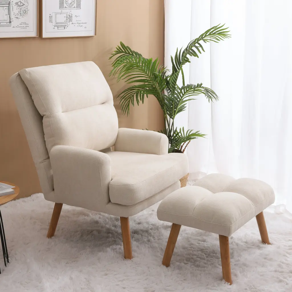 Accent Chair Ottoman Set Armchair Wood Legs and Adjustable Back merrysmarthome
