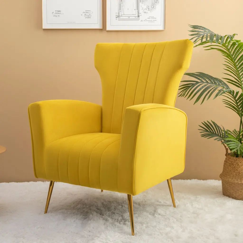 Velvet Accent Chair, Wingback Arm Chair Precious Metal Legs, Upholstered Seating merrysmarthome
