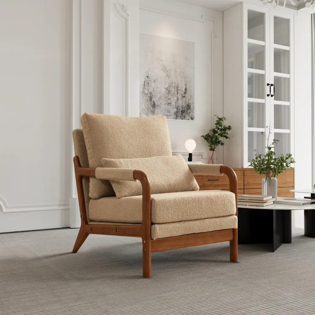 Modern Teddy Material Accent Chair Oak Wood Frame Living Room mi shangou
