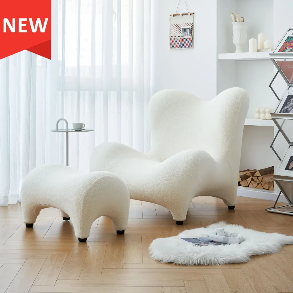 Modern Accent Chair and Ottoman Set High Back Sherpa Blouce Material modasi