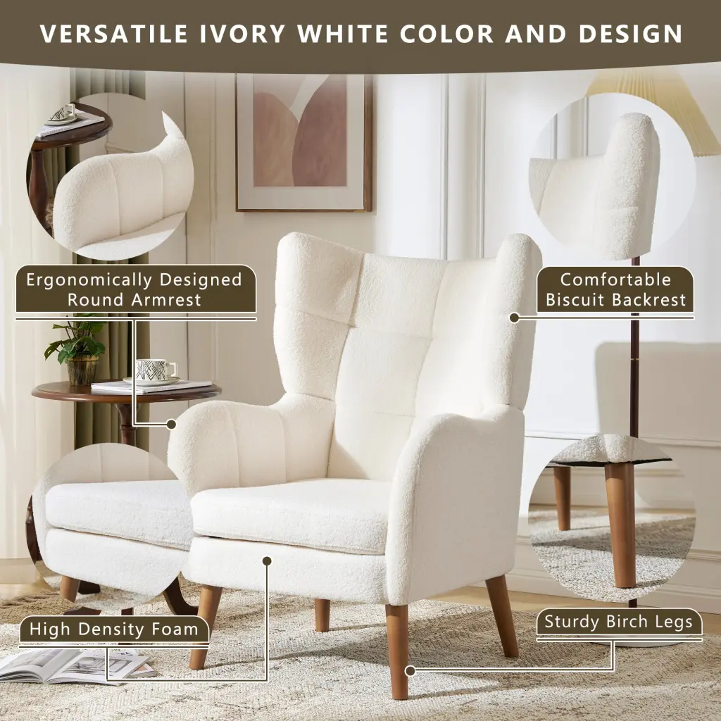 Mid Century Accent Chair Ivory White Modern Retro Lounge Armchair nh-echo