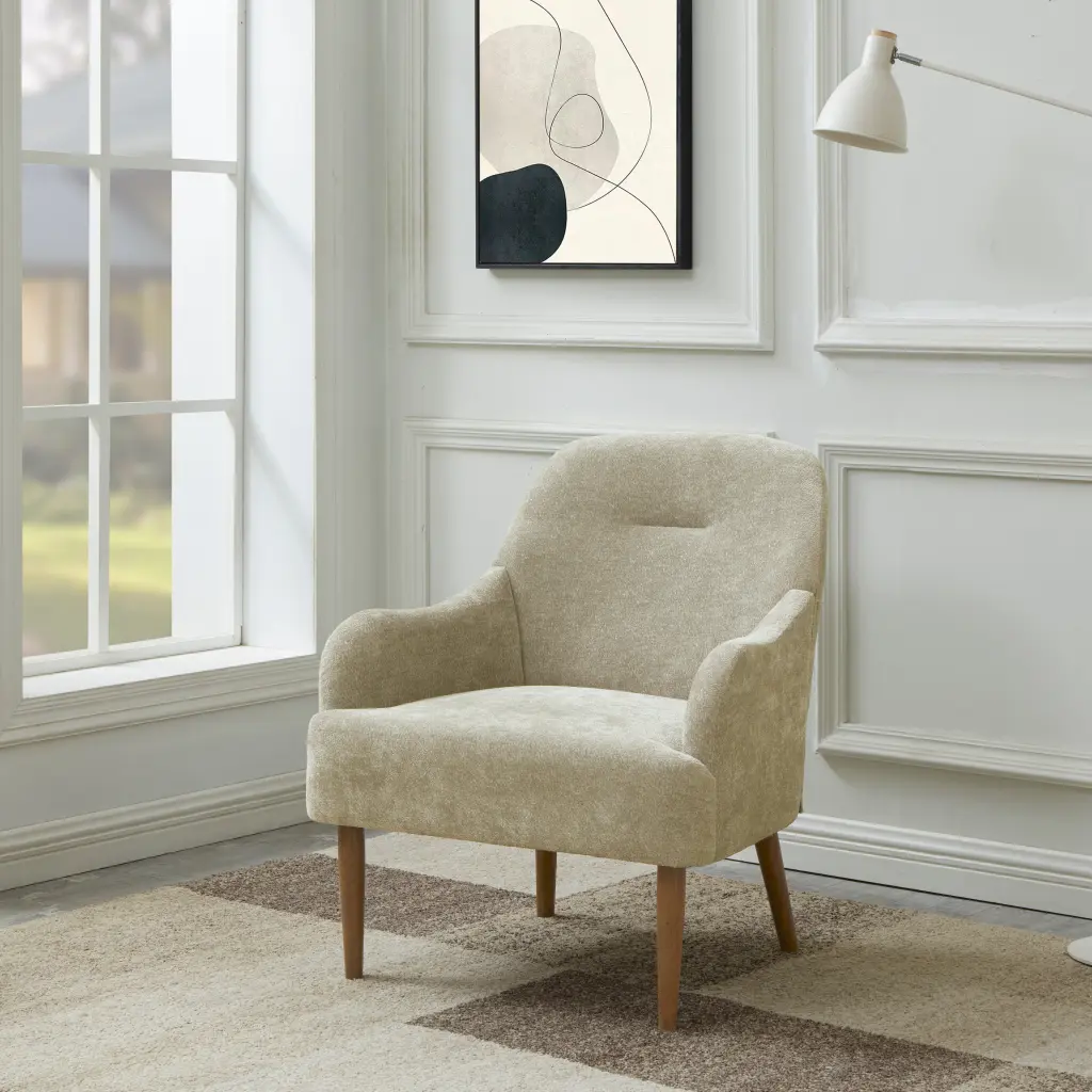Modern Chenille Armchair Wood Legs Comfortable Seating rnb