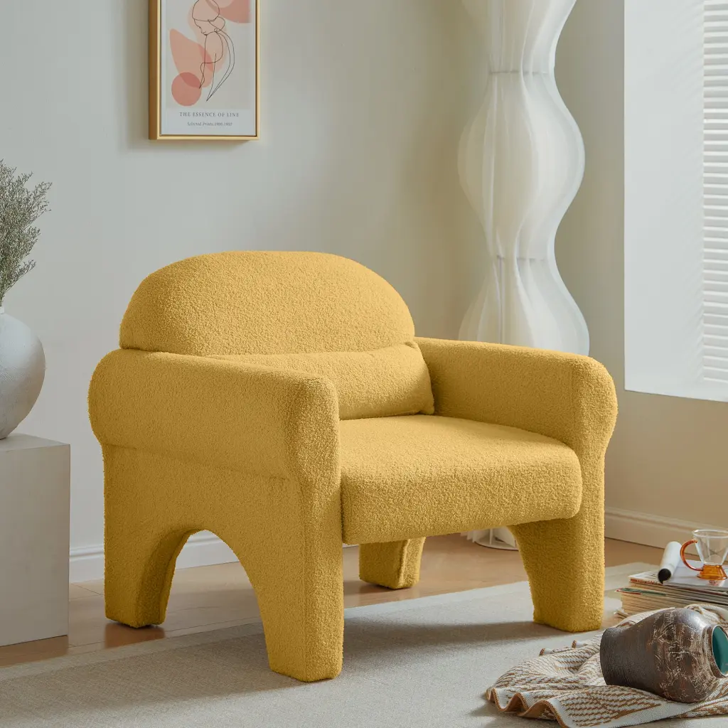 Modern Boucle Accent Chair Lumbar Pillow Antique White Living Room Seating senge