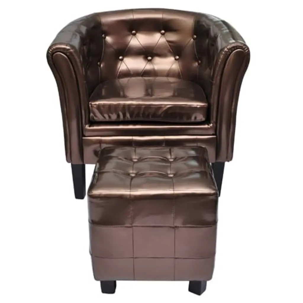 Tub Chair Footstool Brown Faux Leather Accent Living Room Furniture