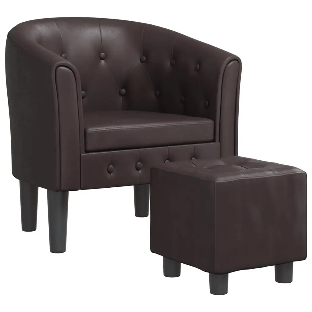 Tub Chair Footstool Brown Faux Leather Living Room Accent Chair