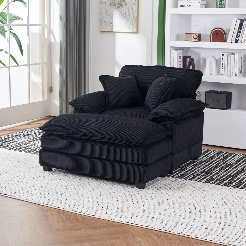 56.3 Inch Corduroy Single Sofa 2 Toss Pillows and Ottoman Comfortable Lounge Chair w2363