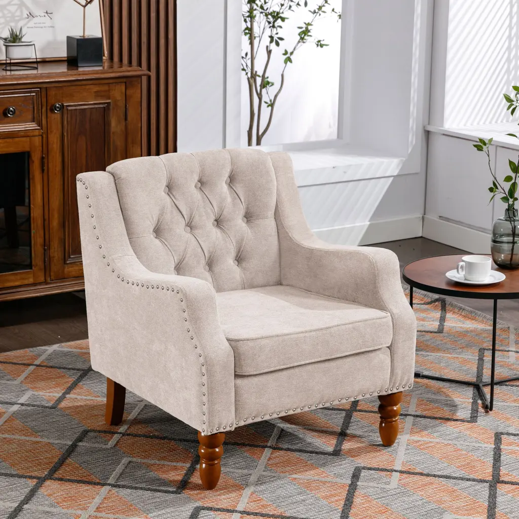 Beige Accent Chair Living Room Chair Footrest Chair Set Vintage Design zen zone