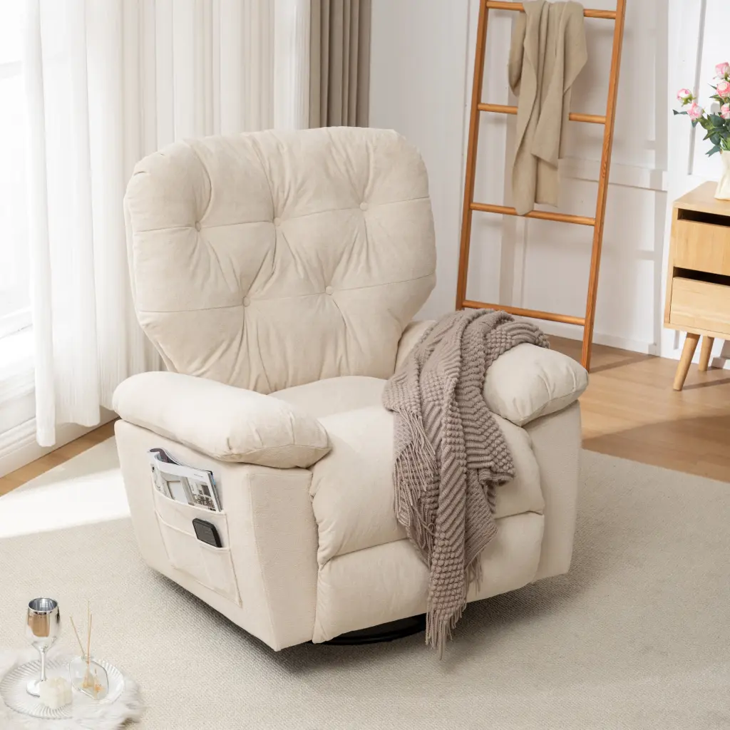 Beige Overstuffed Recliner Chair Soft Artificial Fleece and Swivel Base zen zone
