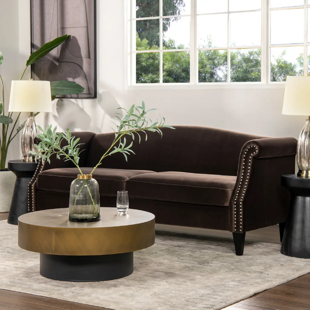 Elaine Camel Back Sofa Deep Brown Performance Velvet jennifer taylor home