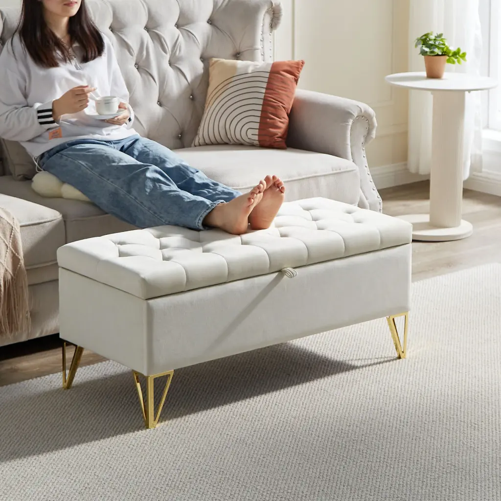 Beige Espresso Garden Stool Velvet Upholstered Rectangular Seat modernben furniture