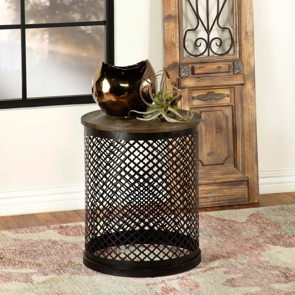 Natural And Black Drum Base Accent Table Brown Primary Living Space Side Table furniture max