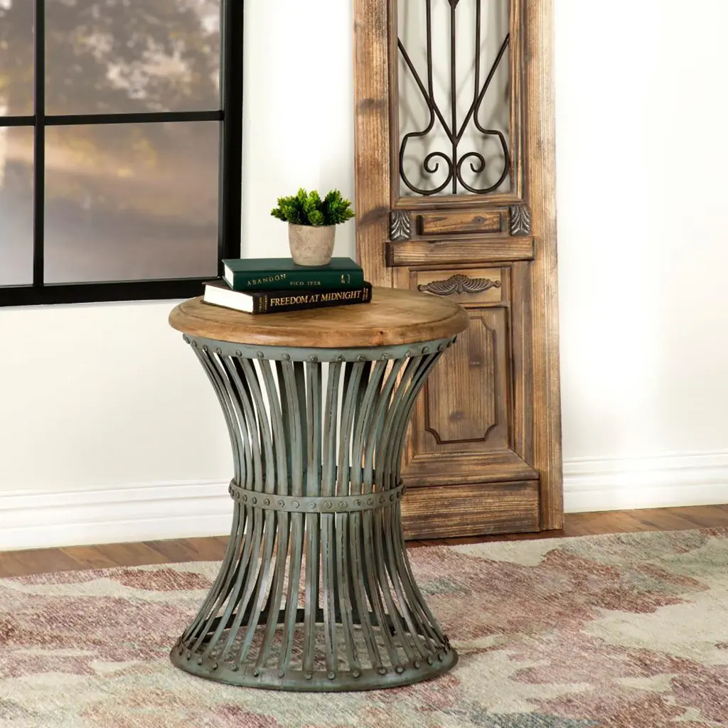 Natural and Blue Distressed Round Accent Table Living Space furniture max