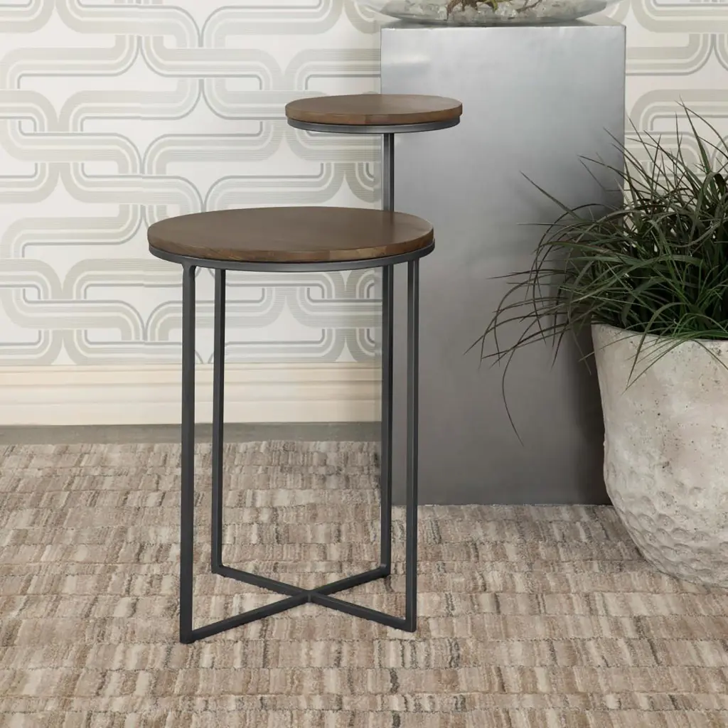 Natural And Gunmetal 2 Tier Accent Table Brown Primary Living Space Furniture furniture max