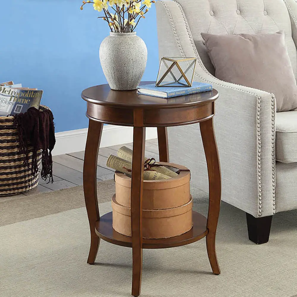 Walnut Round Side Table Bottom Shelf Primary Living Space Furniture furniture max