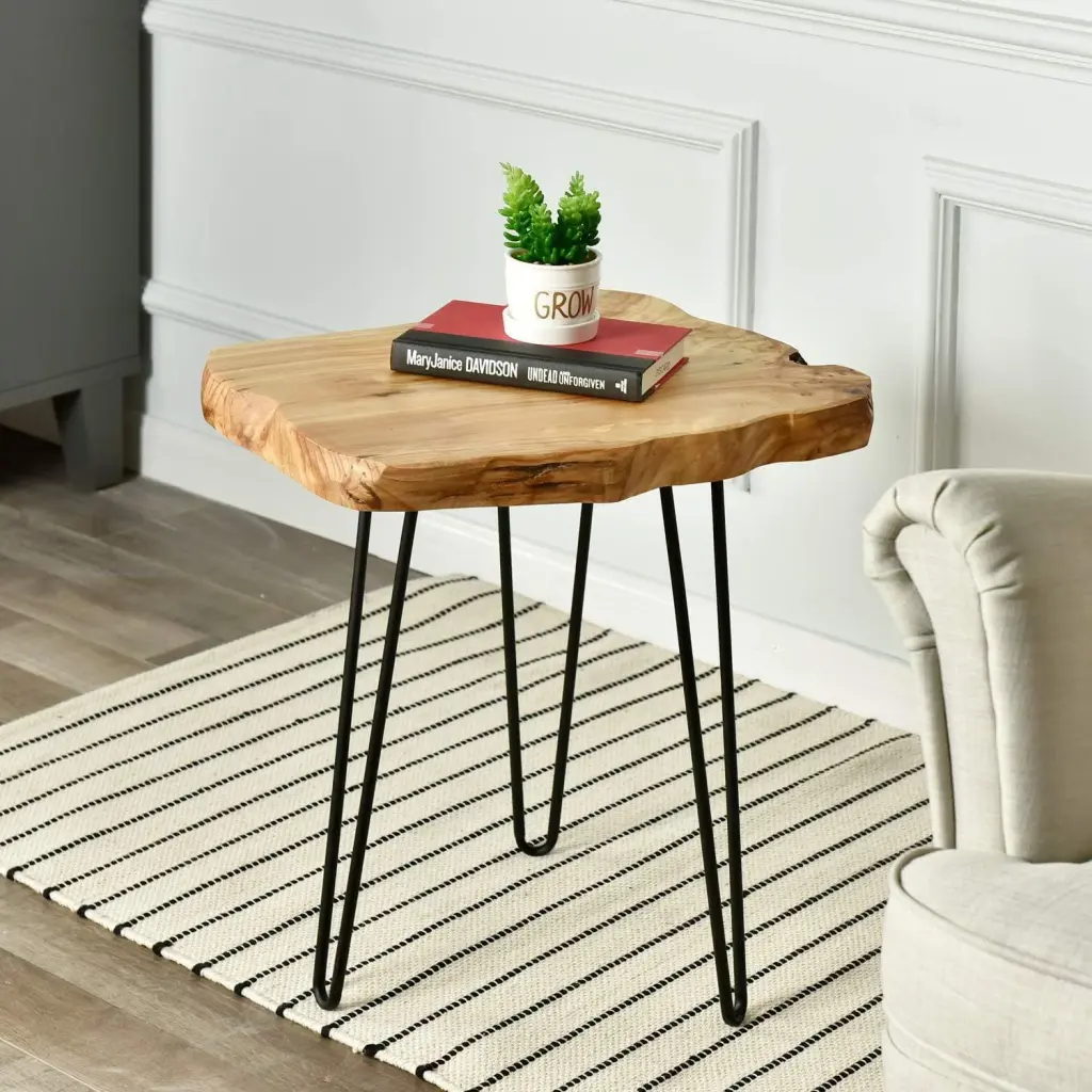 HElectQRIN Live Edge Side Table Hairpin Legs Natural Edge Small Nightstand Wood 15.5 Tall