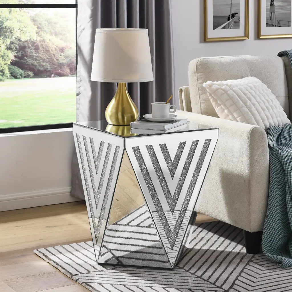 Shiny Metal Mirror Table Gorgeous Side Table Glass Inlay Small Mirror Accent Table kai lee- mirror arts-furniture factory