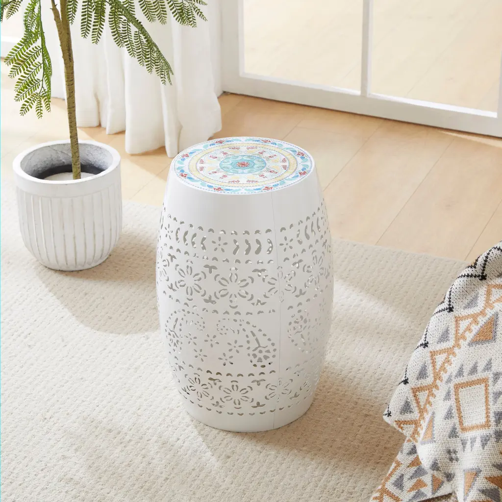 Lilac 12 Inch Side Table White Ceramic Tile Iron Accent Table nh-cloudhouse