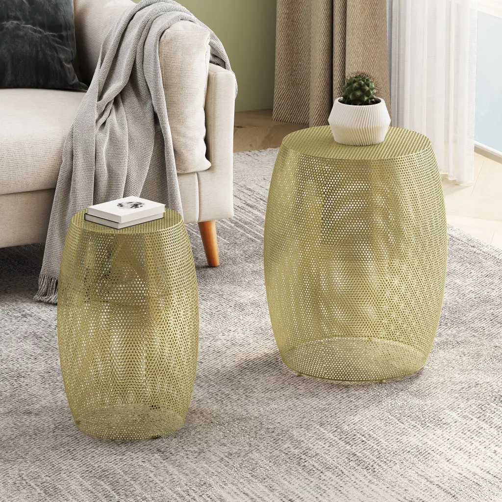 Round Metallic Hollow Side Table Set Precious Metal Finish nh-cloudhouse