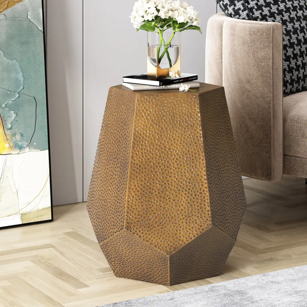 Metal Hammered End Table Gold Iron Living Room Accent Table nh-home living