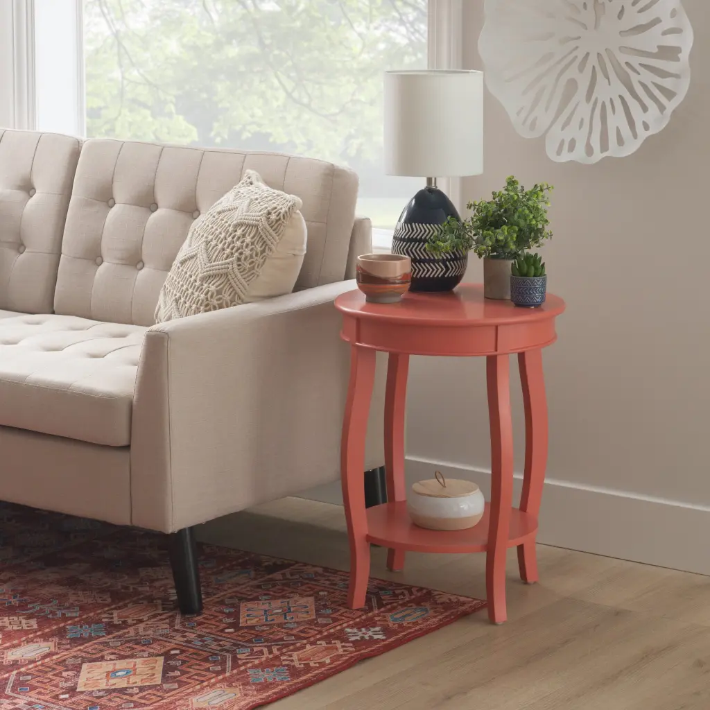 Powell Fiore Round Indoor Accent Side Table Shelf 24 Inches Tall Coral