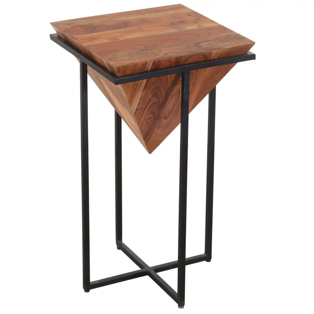 26 Inch Pyramid Shape Timberen Side Table Cross Metallic Base, Brown - Unique Living Room Accent royal hampton