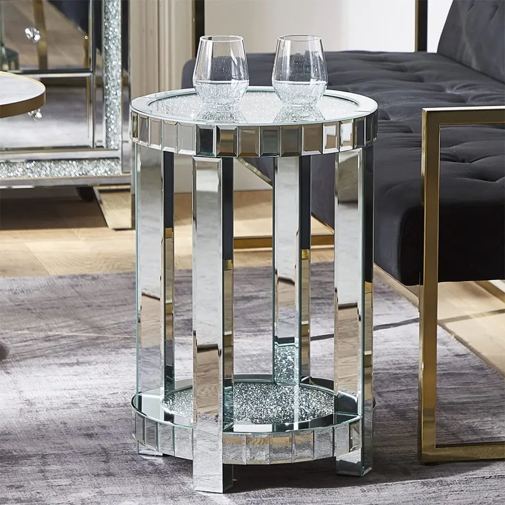 24 Tall Round Corner Side Table Glass Mirror Top - Diamond Crush Mirrored Accent Table Silver SHYFOY