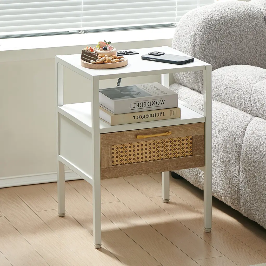 15.75 Inch Rattan End Table Power Outlet and USB Ports Modern Nightstand sya furniture
