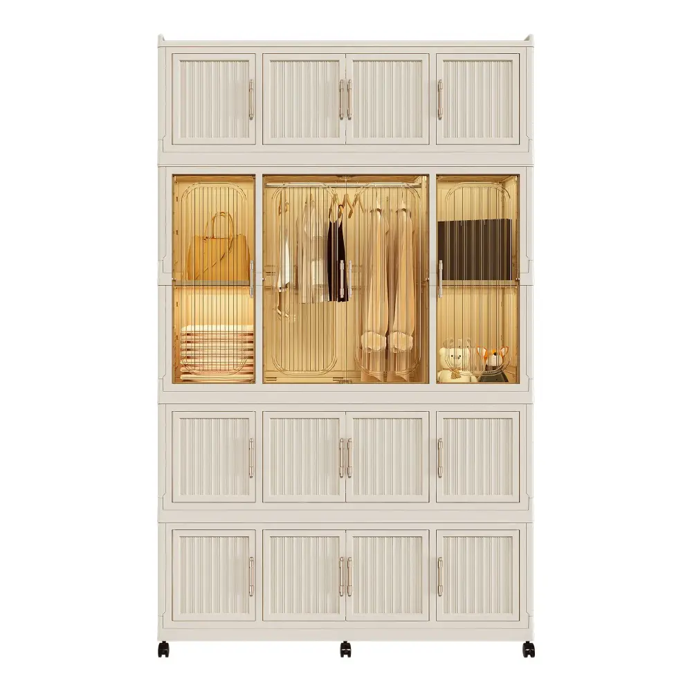 Portable Wardrobe Closet Storage Organizer 17 Magnetic Doors, 17 Cubes, Hanging Rod & 6 Hangers - Creamy Snow