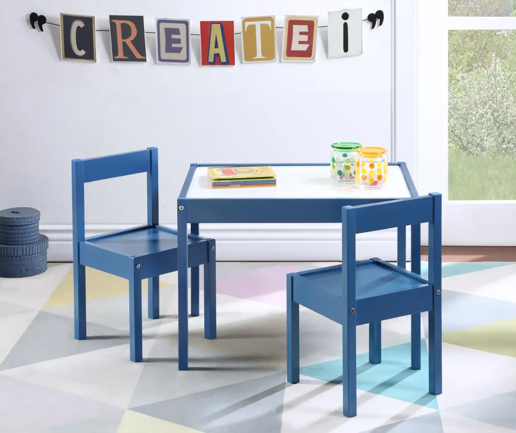Gibson 3 Piece Dry Erase Kids Table and Two Chair Set Dark Blue Navy simple living