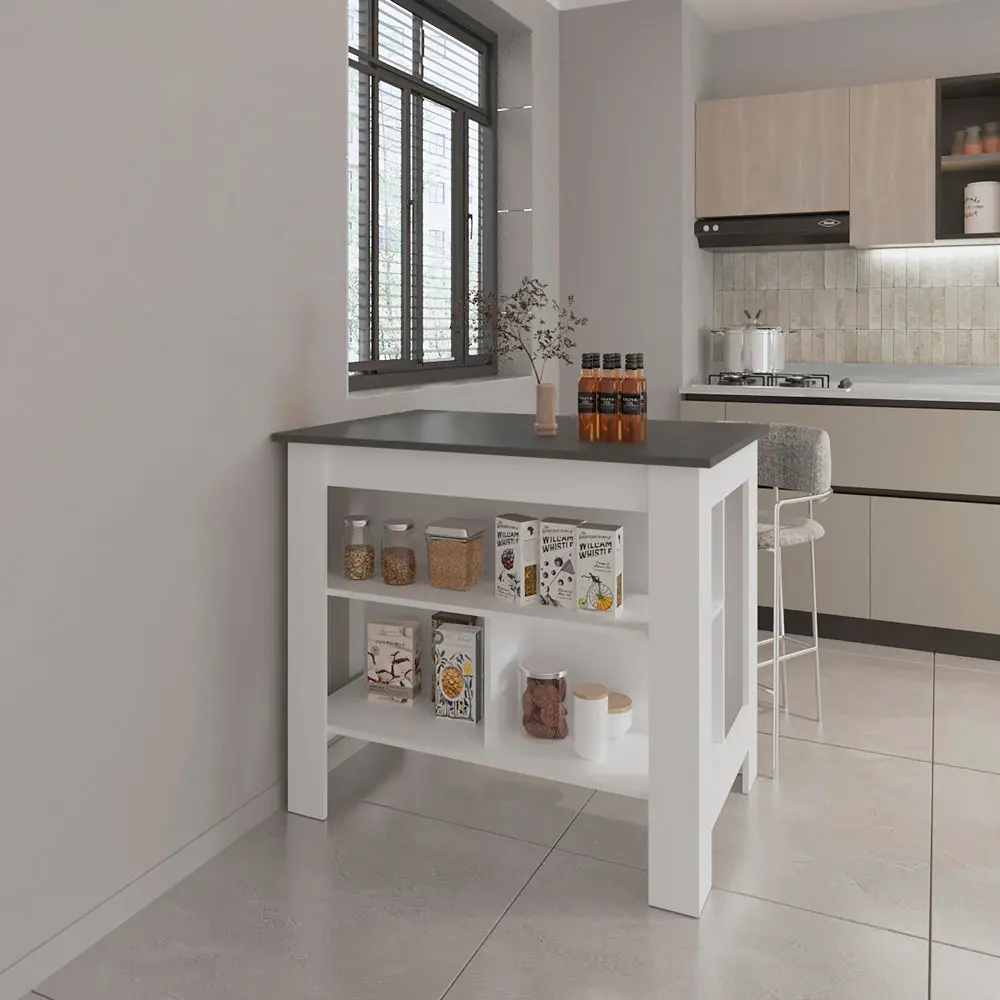 Kitchen Island ADA Compliance Matt Gray and White, Multi-Functional Particle Board treevol furniture